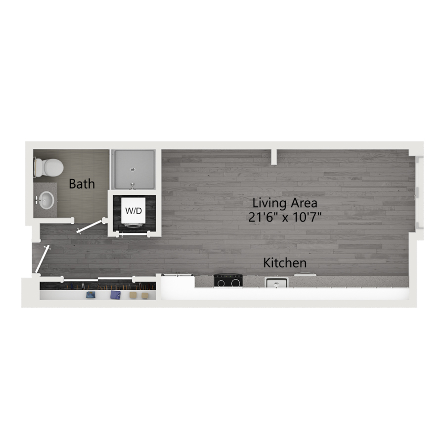 Rendering of the A floor plan with a Studio bedroom and 1 bathroom[s] at The Taft